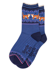 Blue sock with ginger tabby cat pattern on a white background