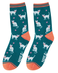 Teal socks with cat pattern and orange accents on a white background