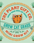 A cat grass and catnip grow kit, including a packet of seeds, soil, and a grow tray, displayed on a neutral background.