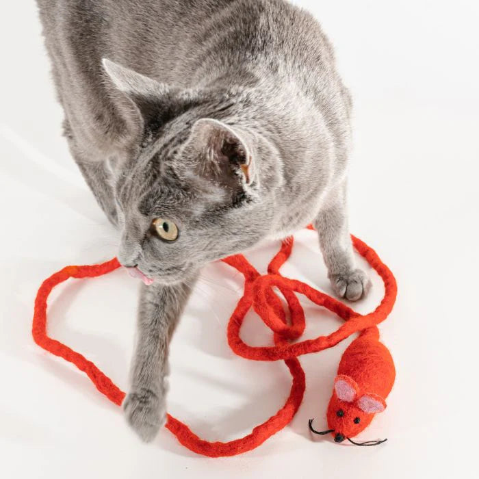 Catch a Mouse by the Tail – Felted Wool Cat Toy (Red)