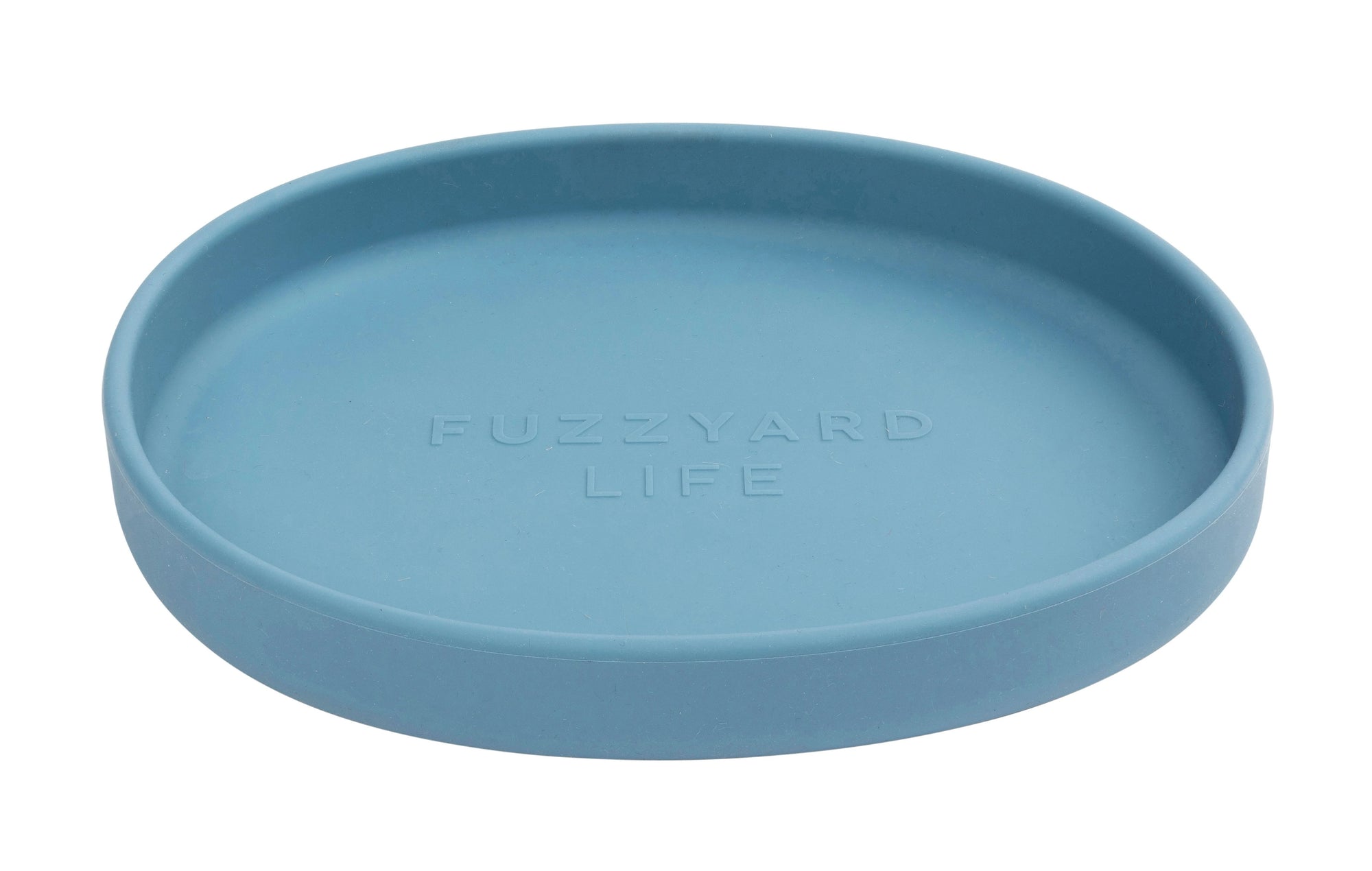 Blue cat dish with 'FuzzYard Life' branding on a white background