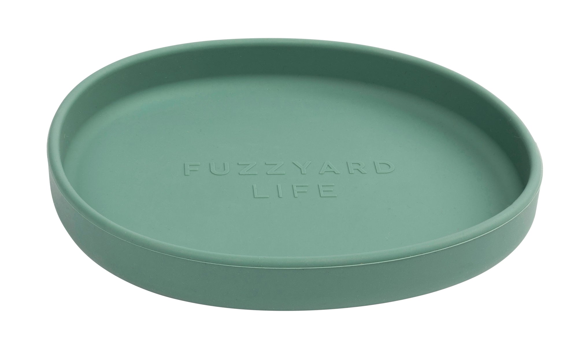 Green round cat tray with 'Fuzzyard Life' branding on a white background