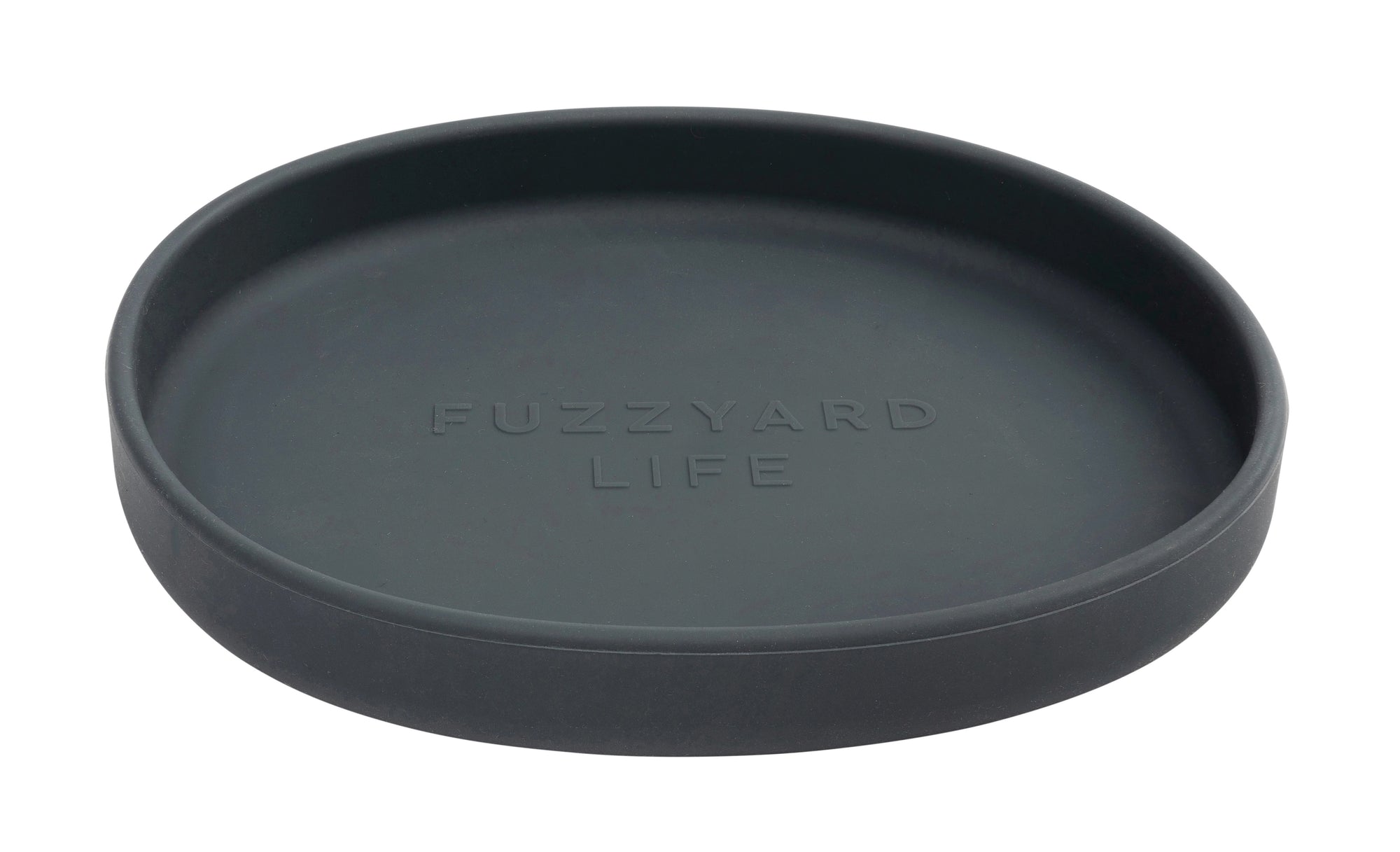Dark grey round cat tray with 'FuzzYard Life' branding on a white background