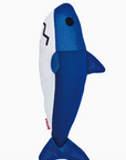 Blue shark-shaped plush catnip toy on a white background