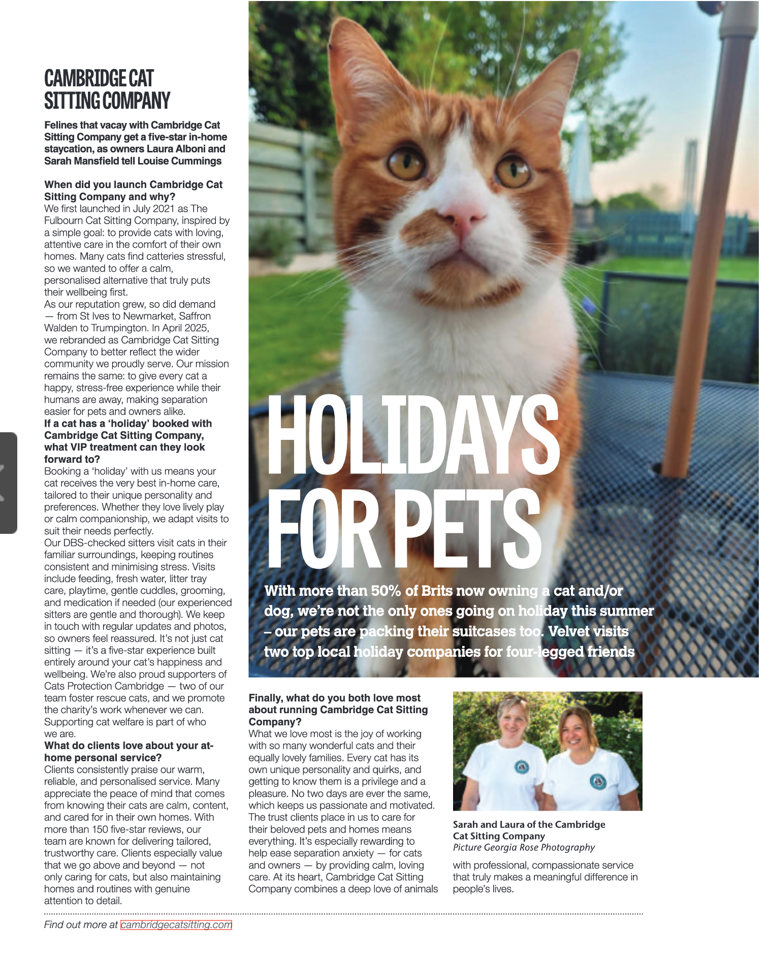 Cambridge Cat Sitting Company Featured in Velvet Magazine