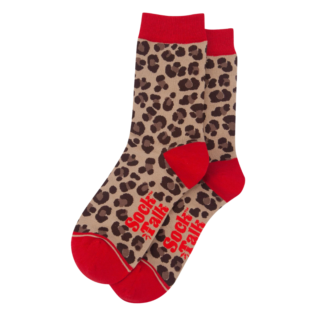 Leopard print socks with red accents and &#39;Sock Talk&#39; text on a white background