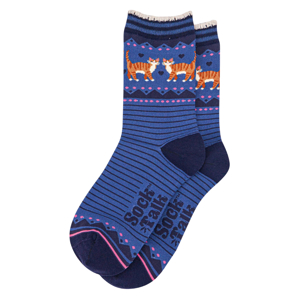 Blue sock with ginger tabby cat pattern on a white background