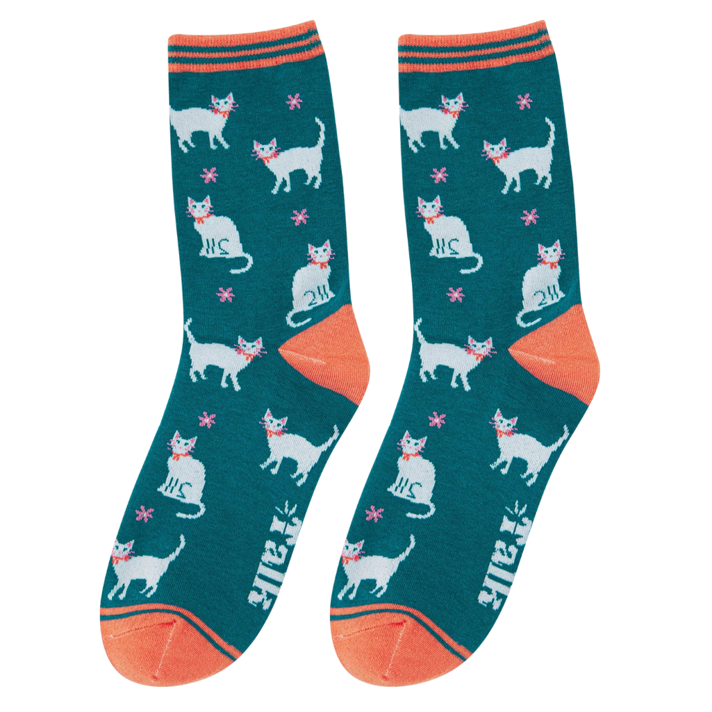 Teal socks with cat pattern and orange accents on a white background