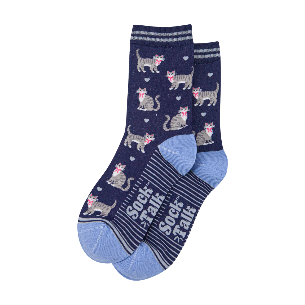 Navy socks with grey tabby cats and hearts on