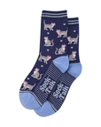 Navy socks with grey tabby cats and hearts on
