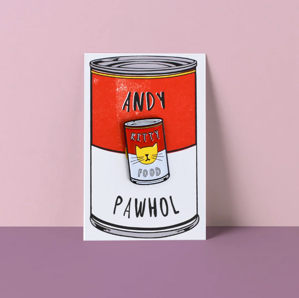 Kitty food soup pin badge in the style of Andy Warhol 