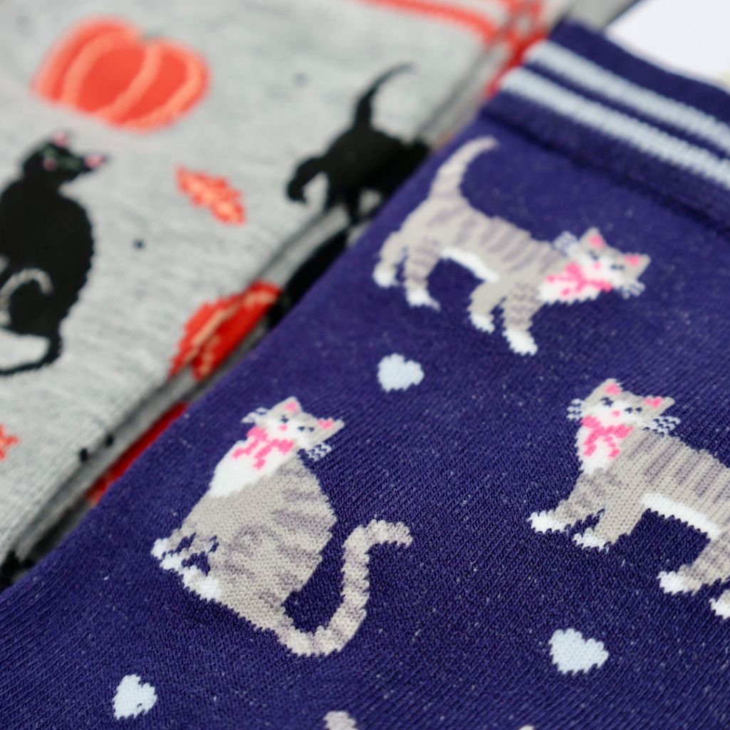 Pair of socks with cat and heart pattern on a blue background