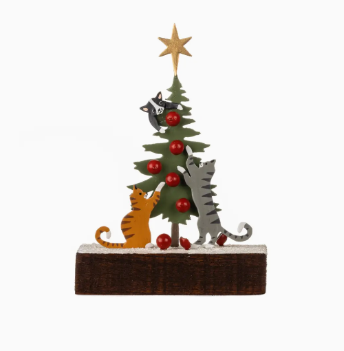 Decorative Christmas tree with cats and a star on a white background