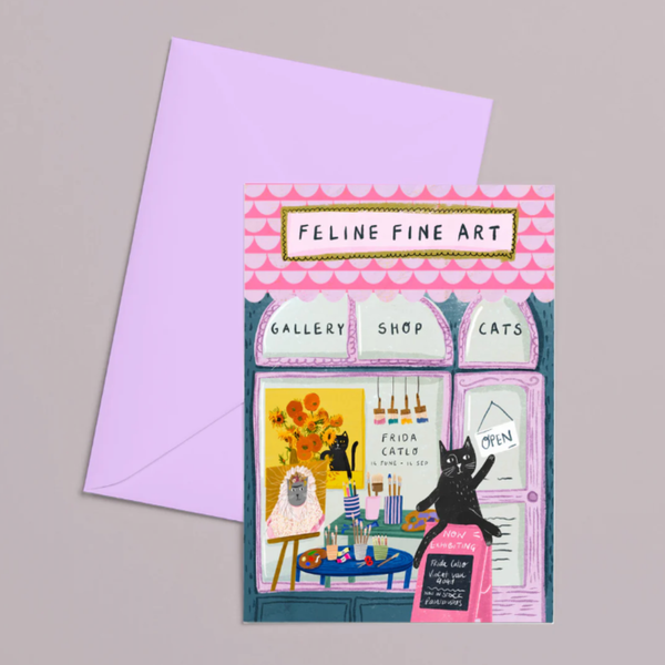 Greeting card with 'Feline Fine Art' design featuring a cat-themed gallery on a gray background.