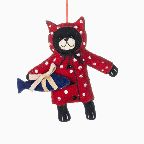 Felt Cat In Coat with Fish Christmas Decoration