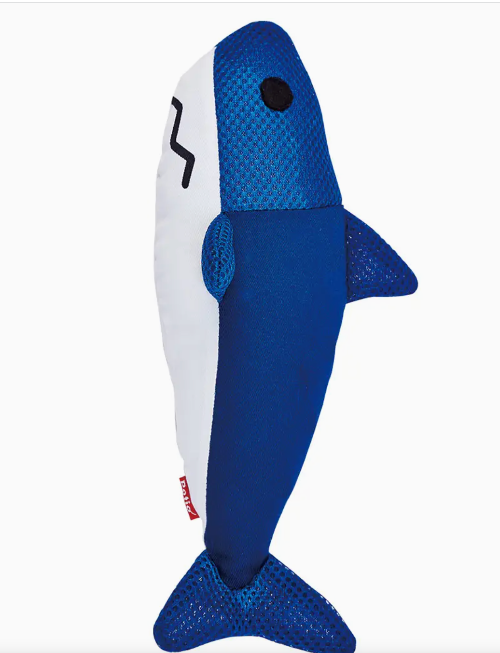 Blue shark-shaped plush catnip toy on a white background