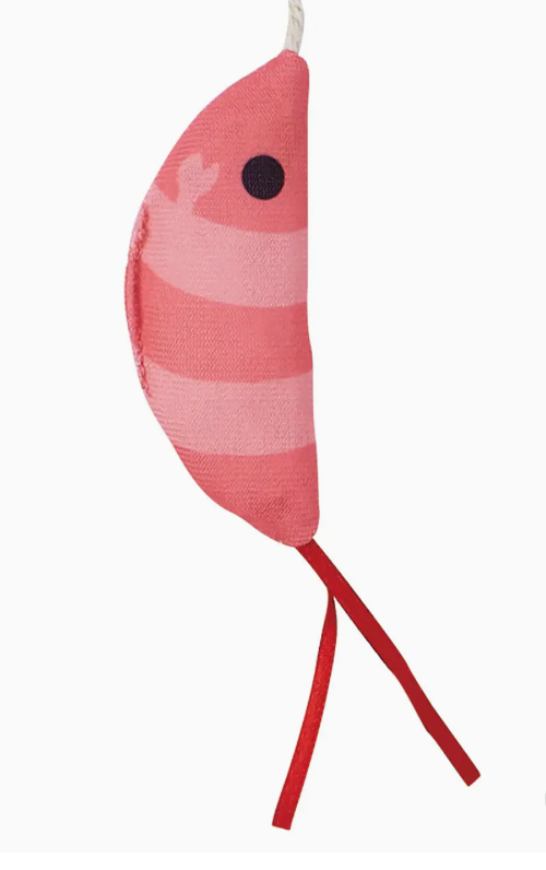 Pink fish-shaped cat toy with a white background