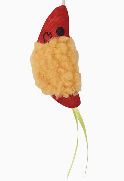 Cat toy with red top and beige body on a white background