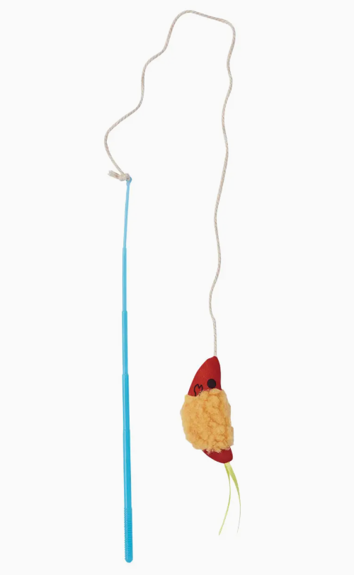 Cat toy with a mouse-shaped end on a string against a white background